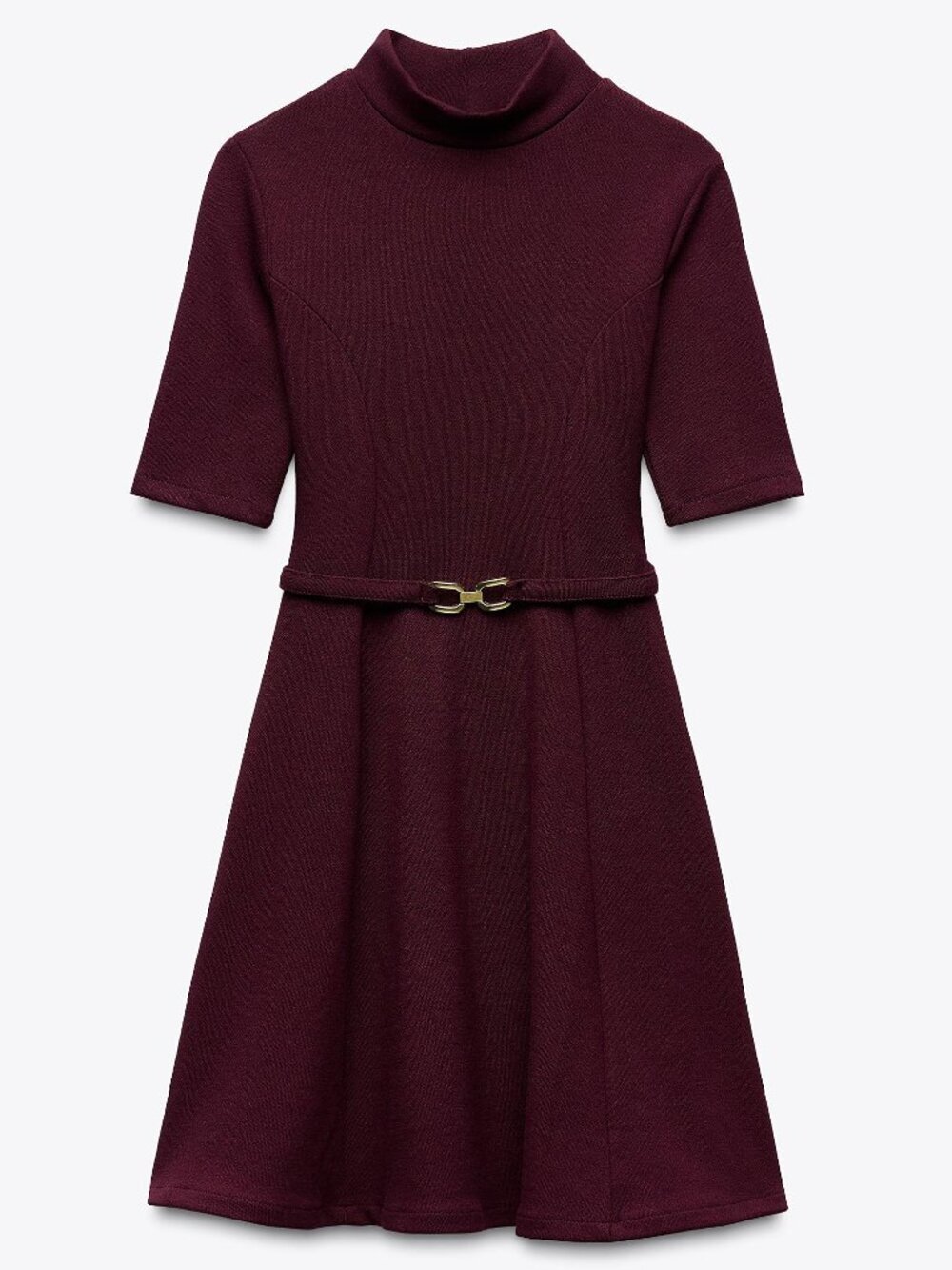 ZARA STRETCH KNIT SKATER DRESS WITH BELT BURGUNDY SIZE SMALL BRAND NEW WITH TAGS